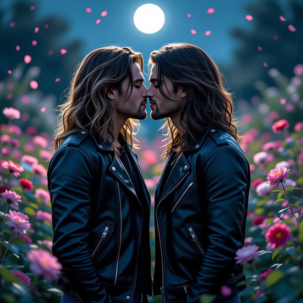Men Kissing in Flower Garden with Ethereal Lighting