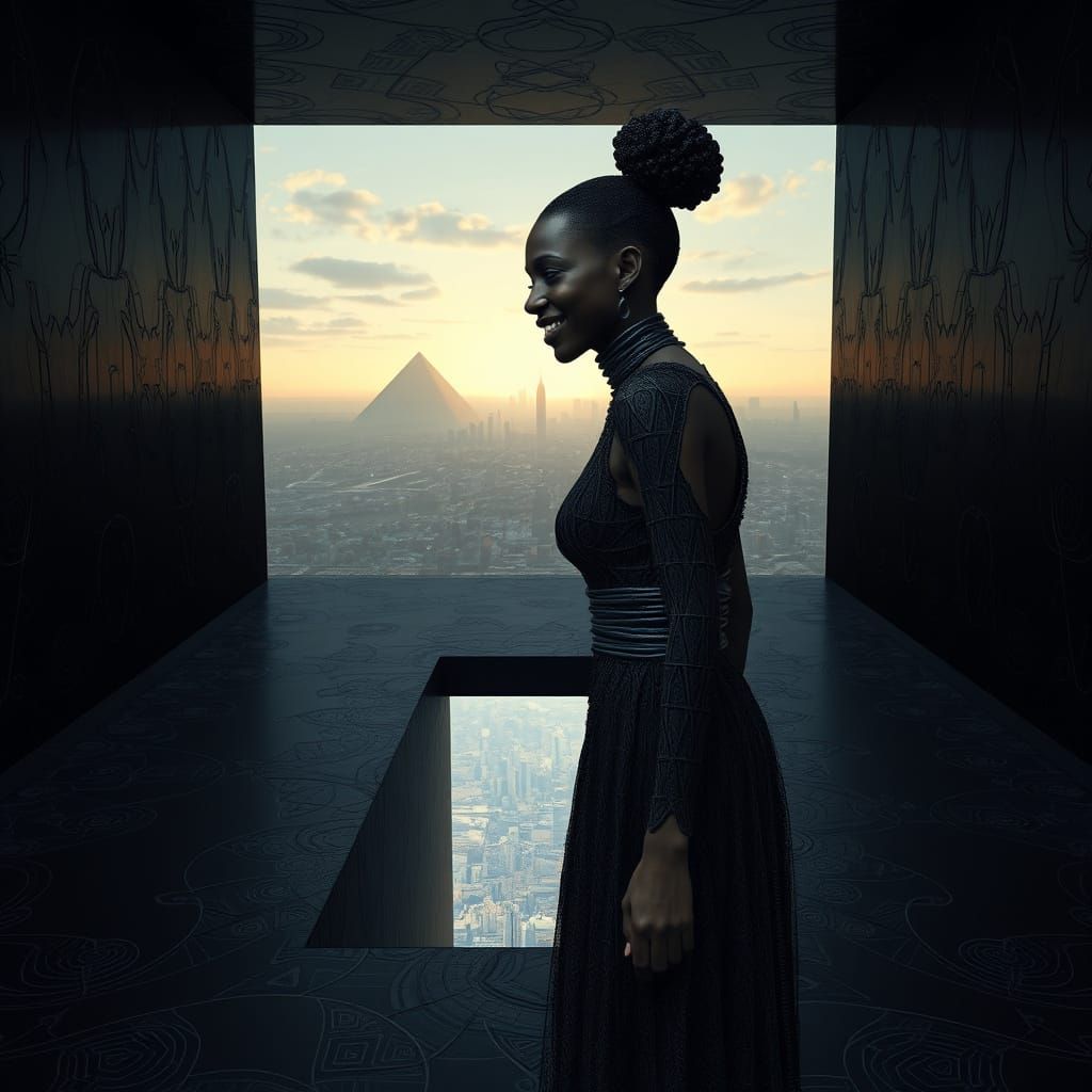 Woman Gazing at Distant City with Fractal Patterns