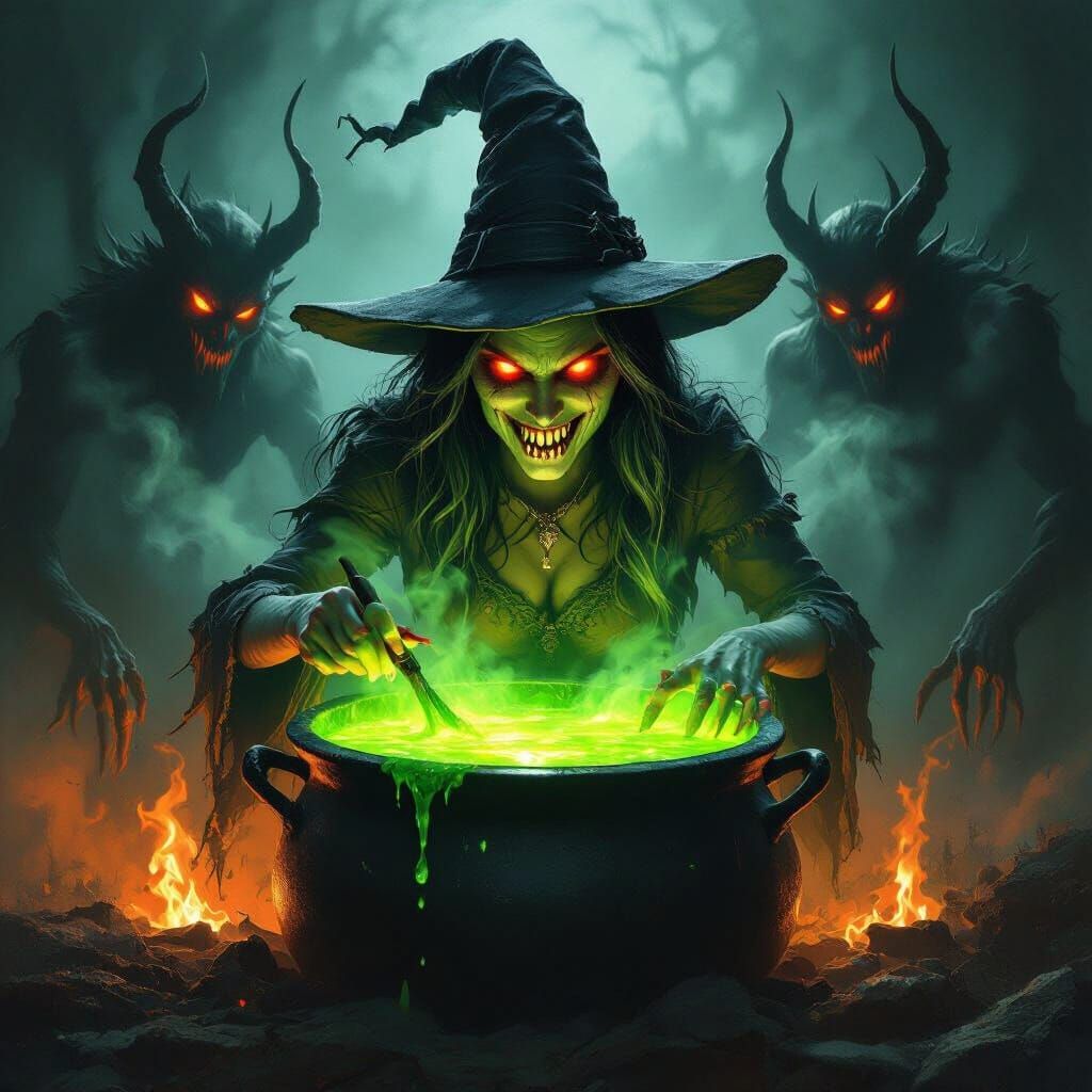 Hideous Witch with Demons Lurking, Gothic Fantasy Art