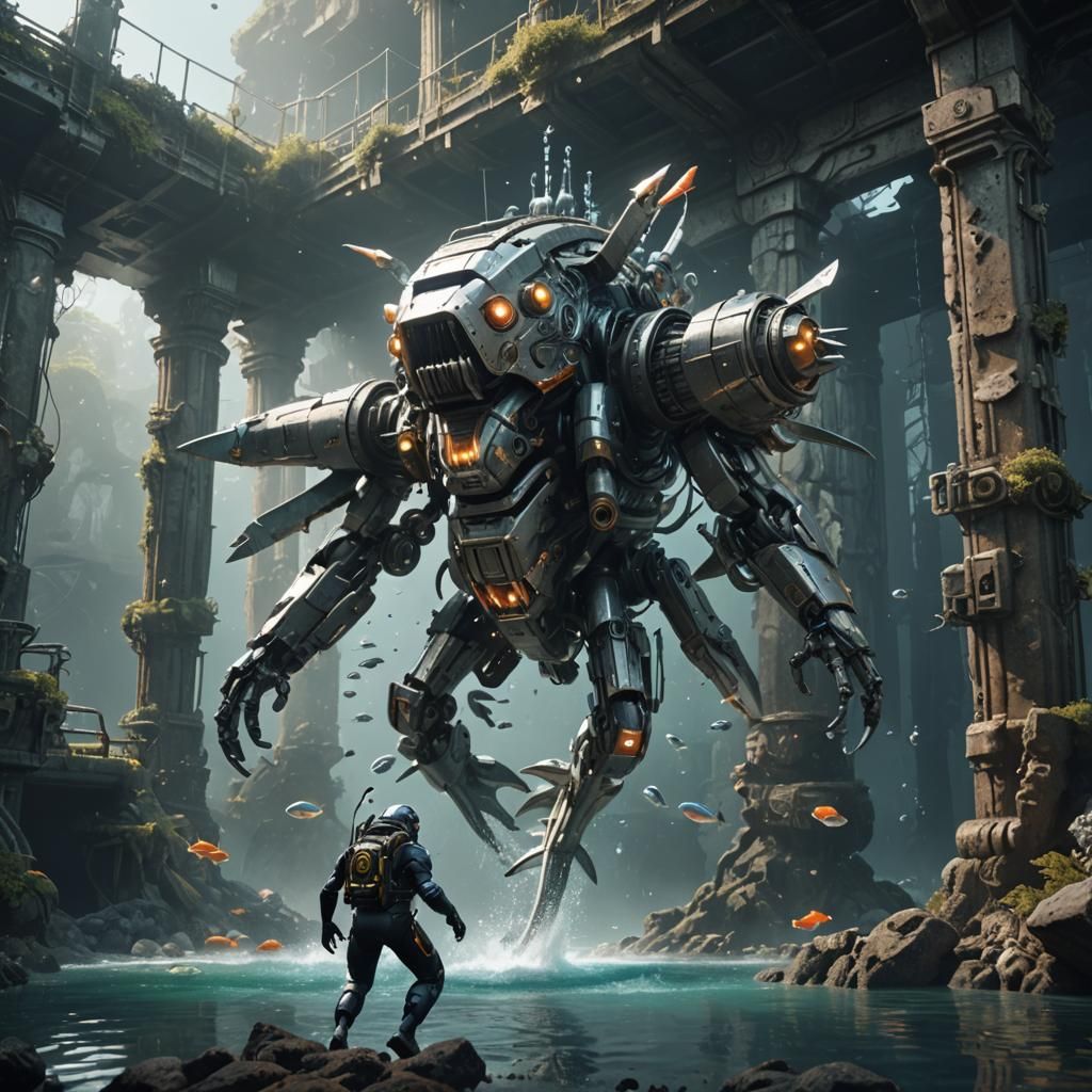 Mechanical Fish Attack Diver in Underwater Ruins