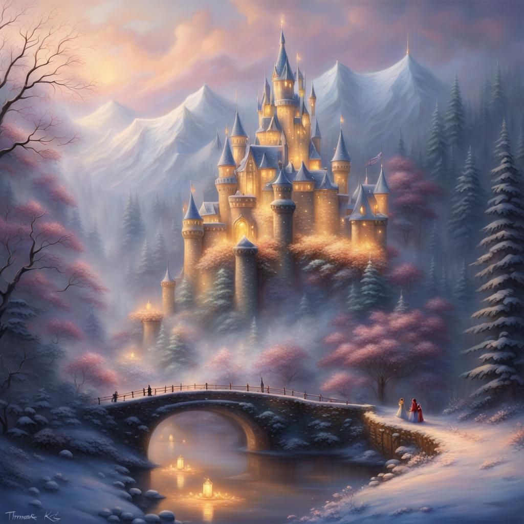 Ethereal Snow Castle Interior with Golden Lights
