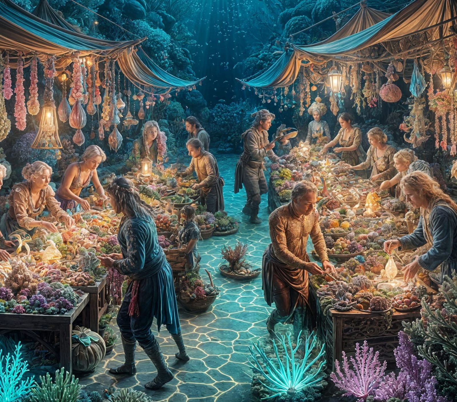 bustling underwater marketplace, with men and women and othe...