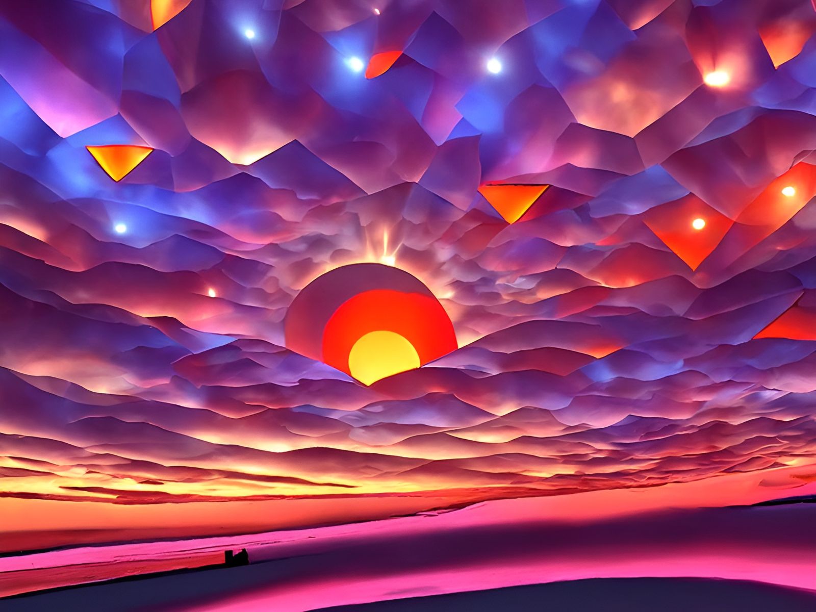 Surreal Sunset Dreamscape in Cubist Style