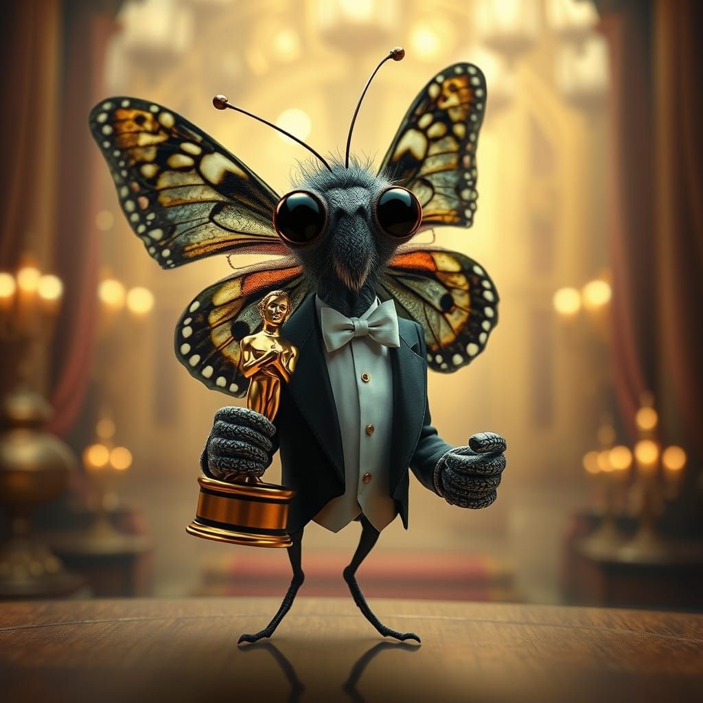 Bewildered Butterfly Wins Oscar in Dreamlike Hollywood Scene