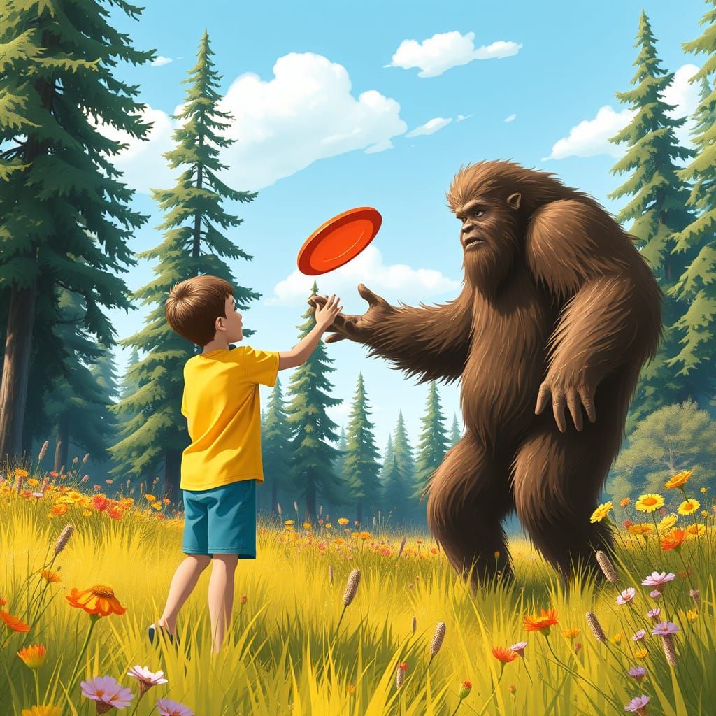 Boy and Sasquatch Enjoy a Sun-Filled Frisbee Game in a Vibra...