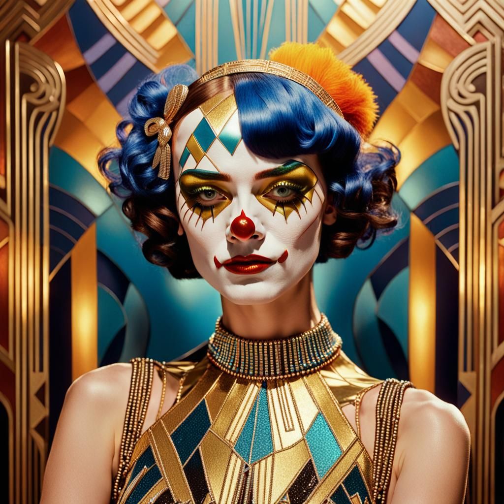 Flapper Clown in Art Deco Film Still