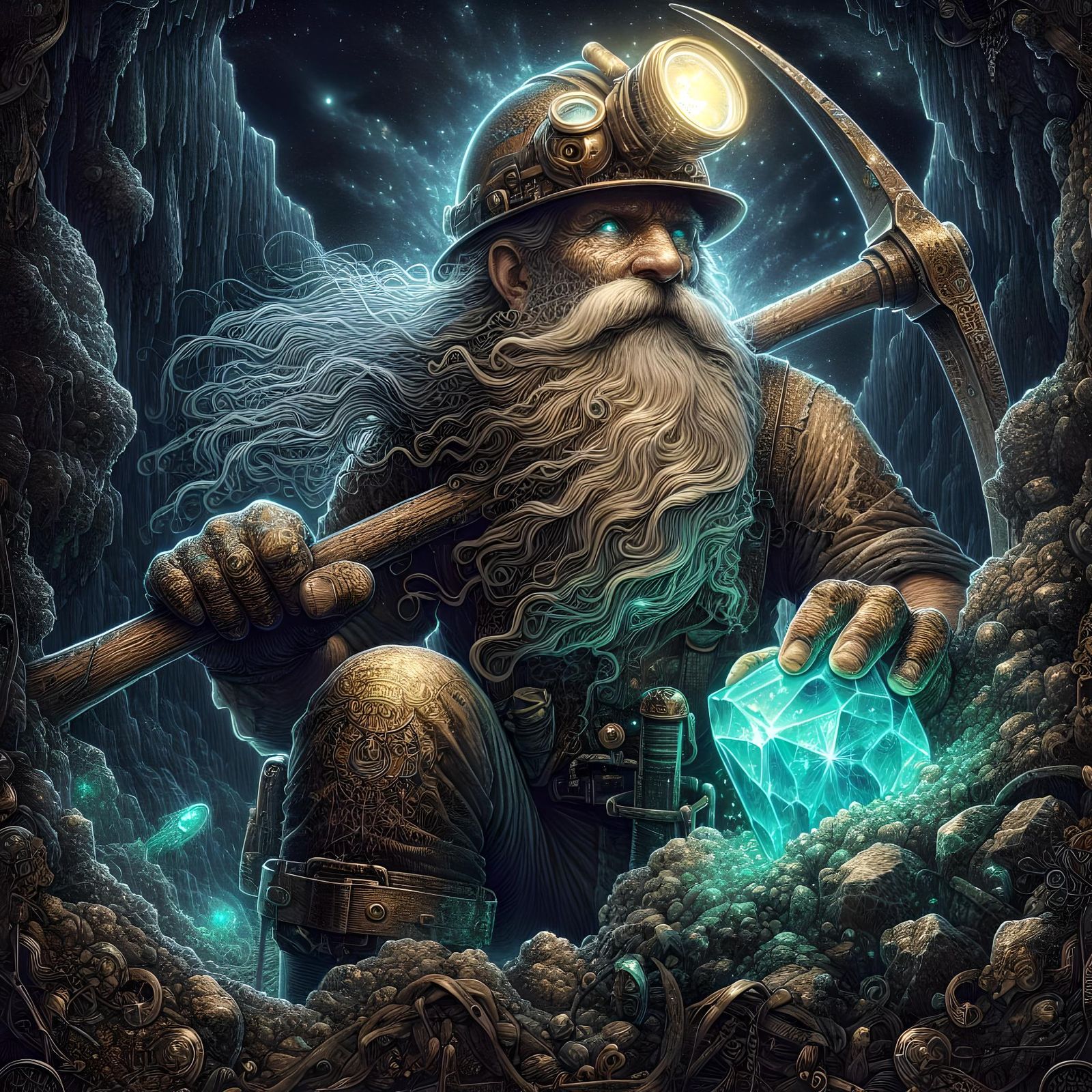 Steampunk Dwarf Miner Finds Glowing Nugget in Mine