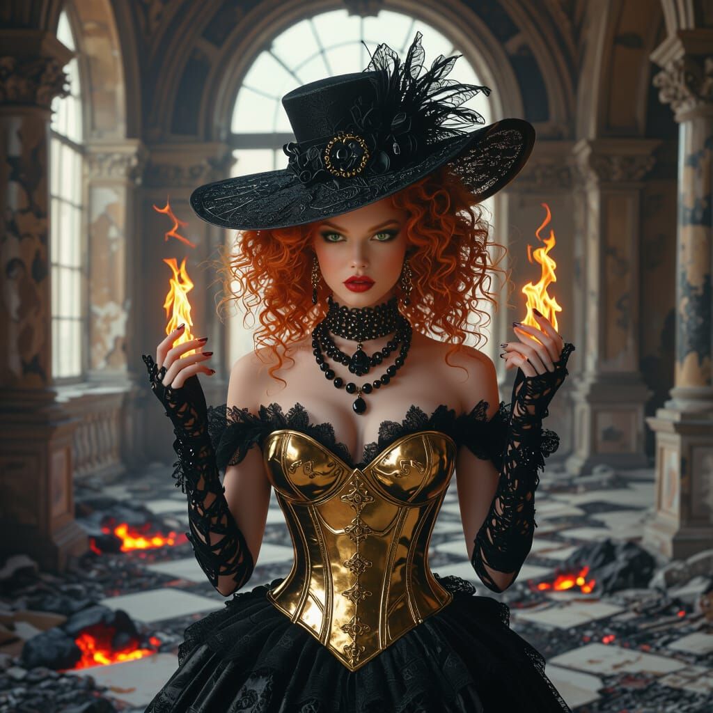 Redhead Model in Ruined Palace, Fantasy Haute Couture