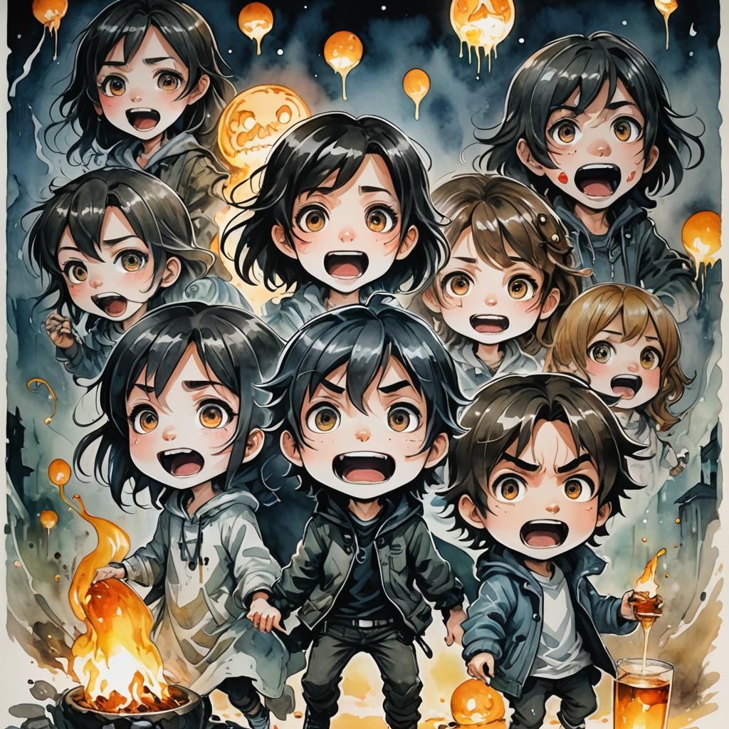 Chibi Horror Scream in Watercolor Comic Illustration