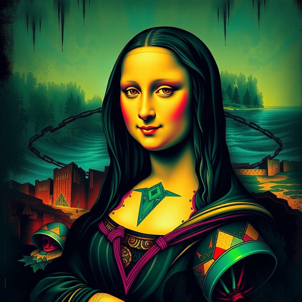 Mona Lisa with Fluorescent Geometric Tattoos