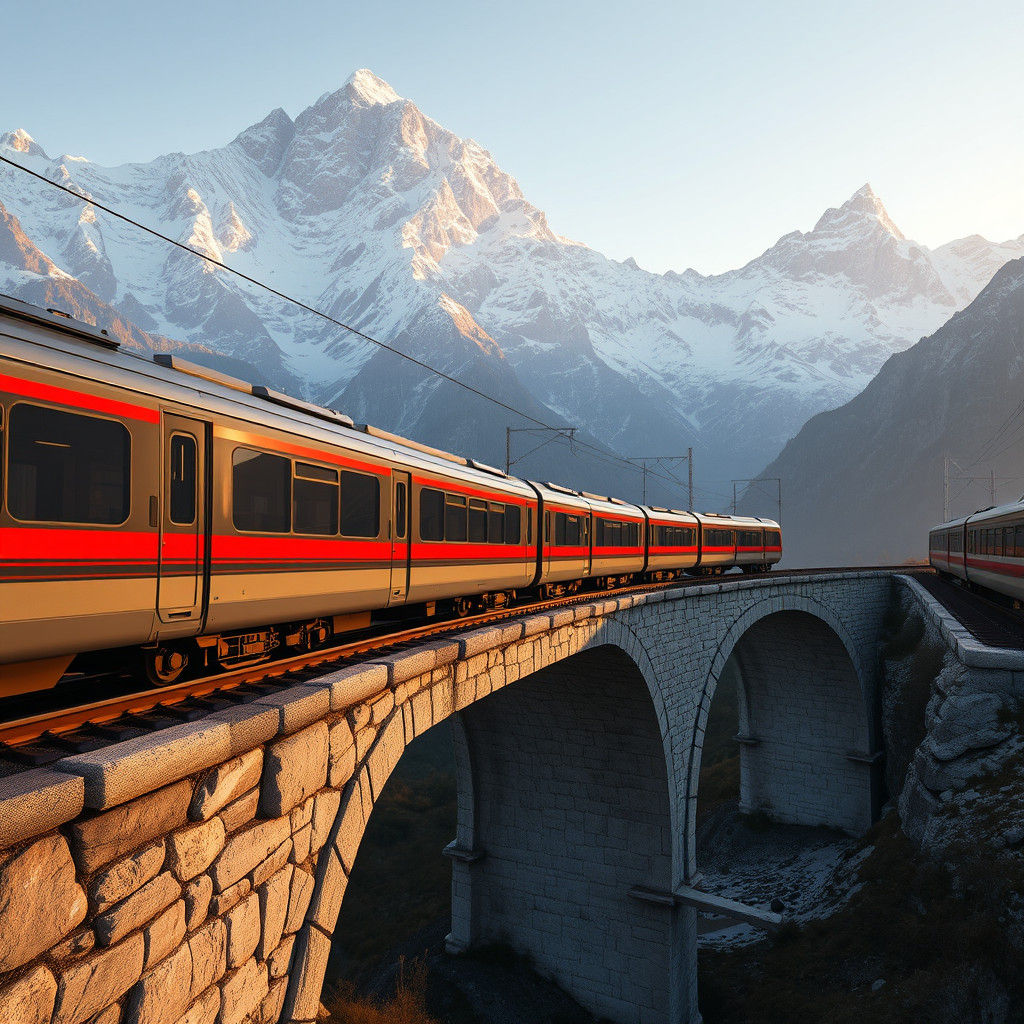 Swiss Alps Train Journey in Hyperrealistic Style