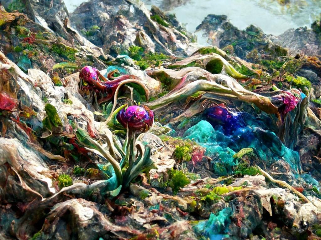 Strange alien plants growing off a small cliff on an alien w...