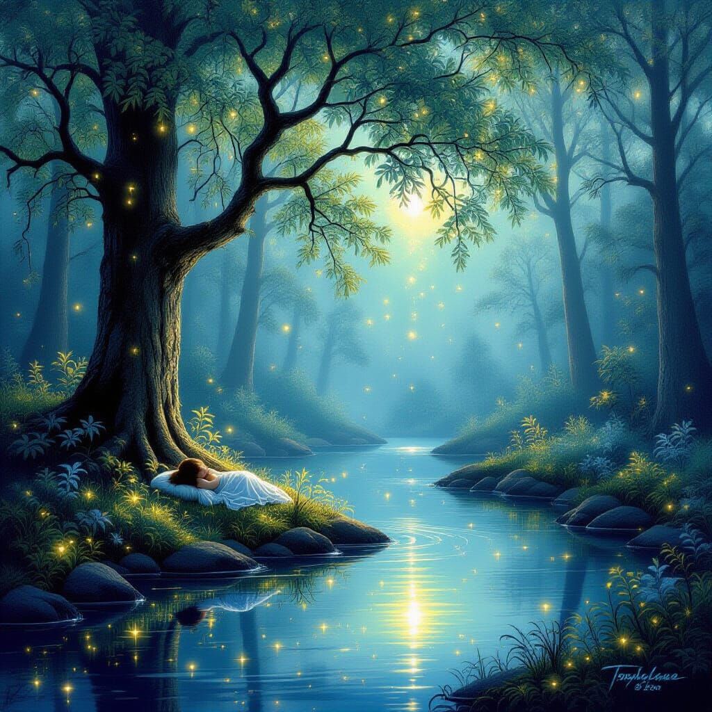 Dreamlike Forest with Glowing Trees and Sleeping Spirit