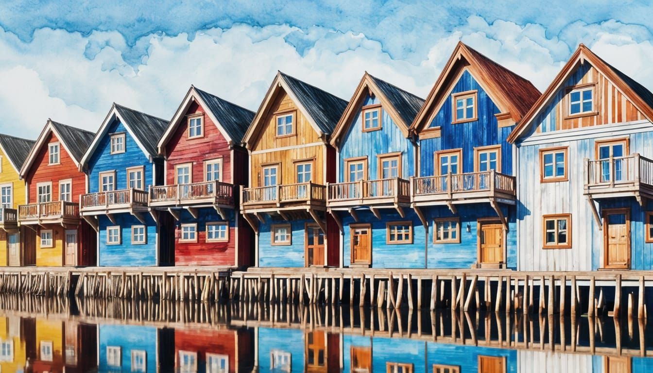 Trondheim Timber Houses Reflected, Stylized Watercolor Art