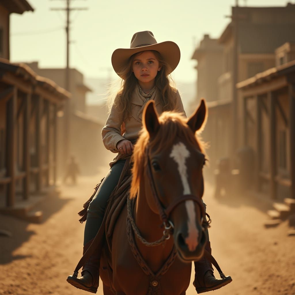 Chubby Cowgirl Rides Horse in Dusty Frontier Town
