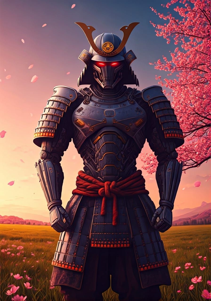 Futuristic Robot Samurai in Cherry Blossom Field