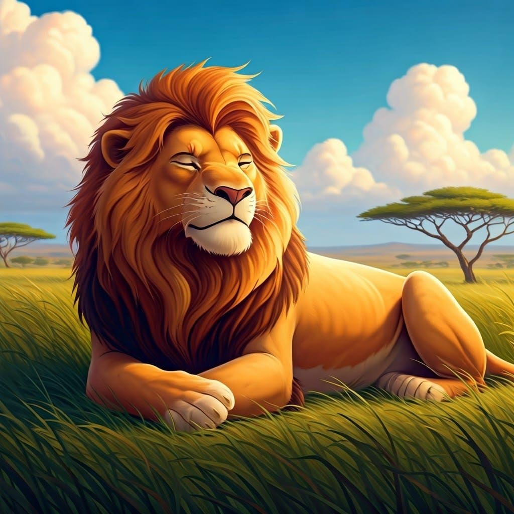 Classic Disney-Style Lion Relaxing in Serene Savannah Landsc...