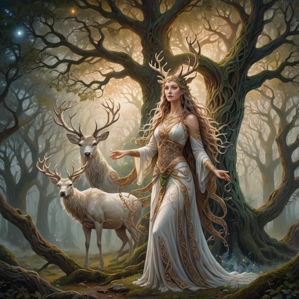 Celtic Goddess in Enchanted Forest: Oil Painting