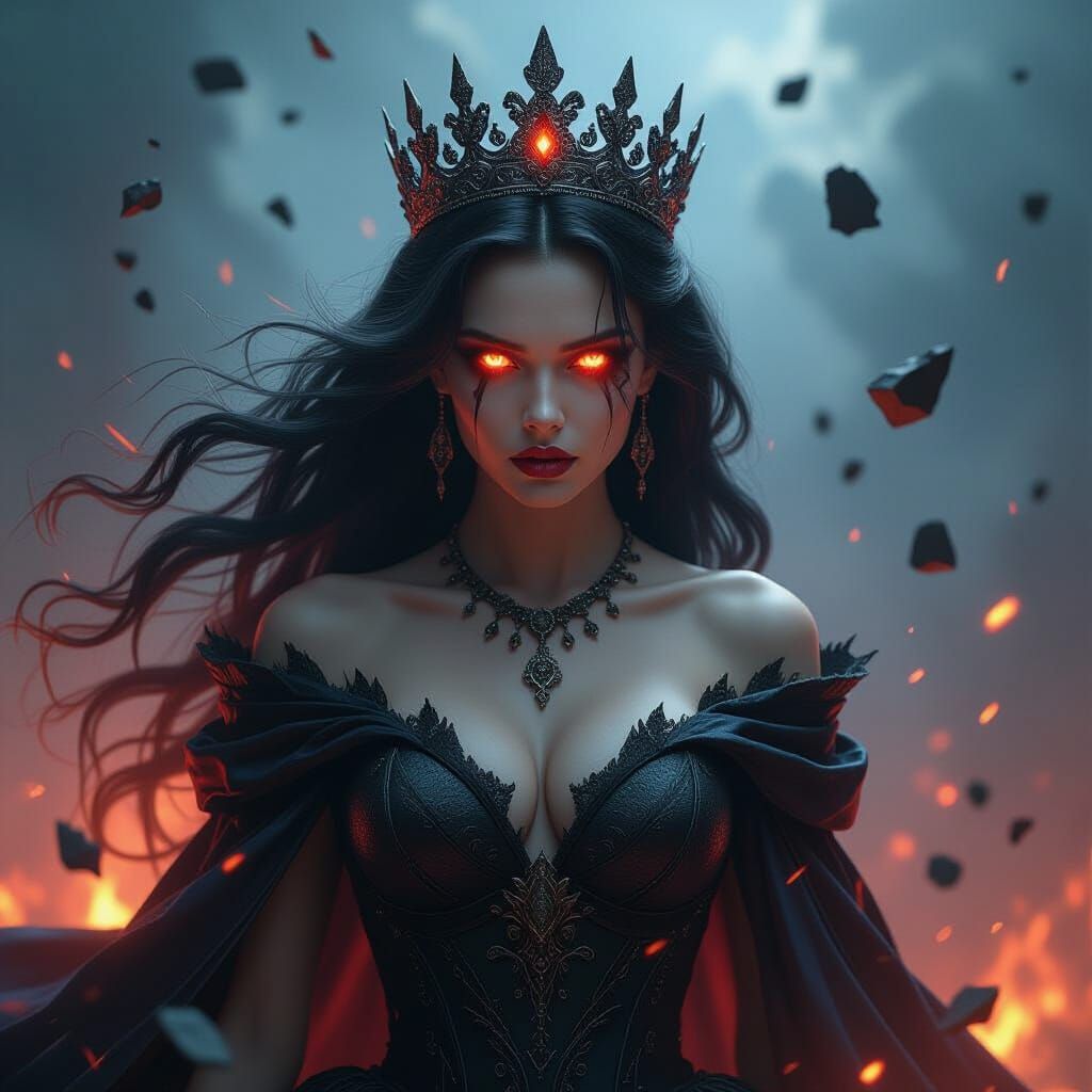 Fierce Queen of Chaos with Glowing Eyes in Storm of Magic