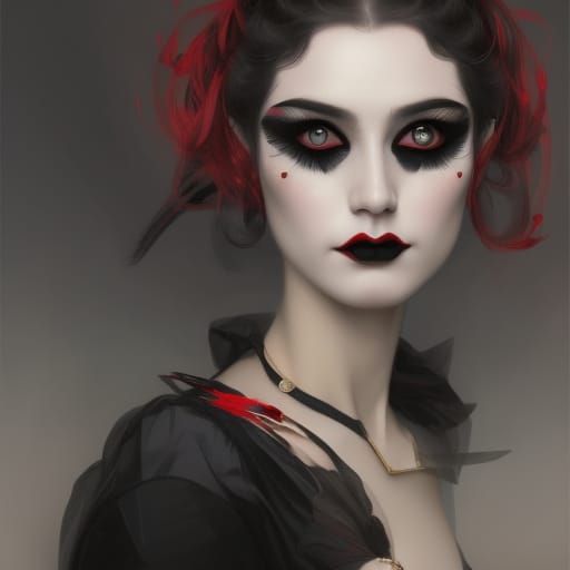 Young Gothic lady with cat’s-eye eyeliner and smoky black eyeshadow and Red eyeshadow and Black lipstick