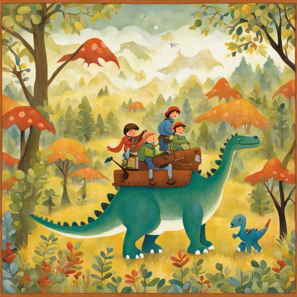 Children Ride Dinosaurs in Golden Memory Forest