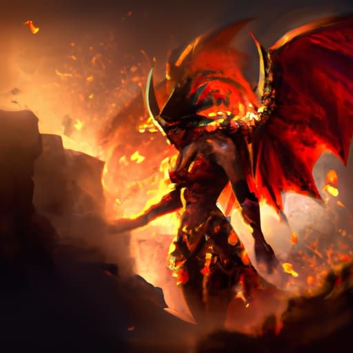 Tiefling with Dragon Wings in Volcanic Landscape