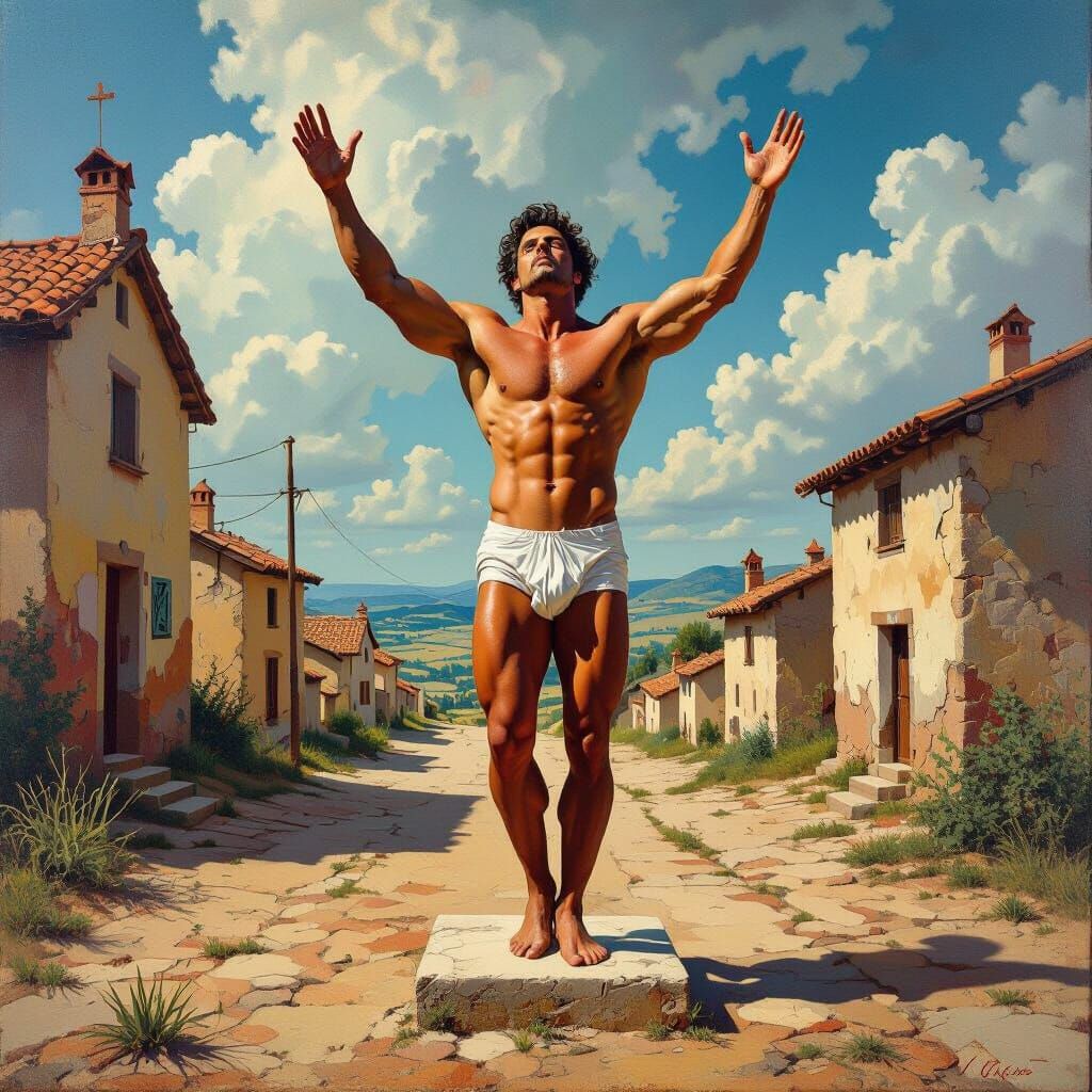 Surreal Oil Painting of Muscular Man in Bohemian Village