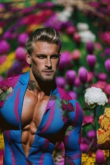 Handsome Man Posing in Rainbow Flower Field