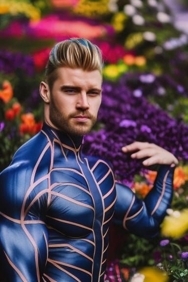 Handsome Man Posing in Rainbow Flower Field
