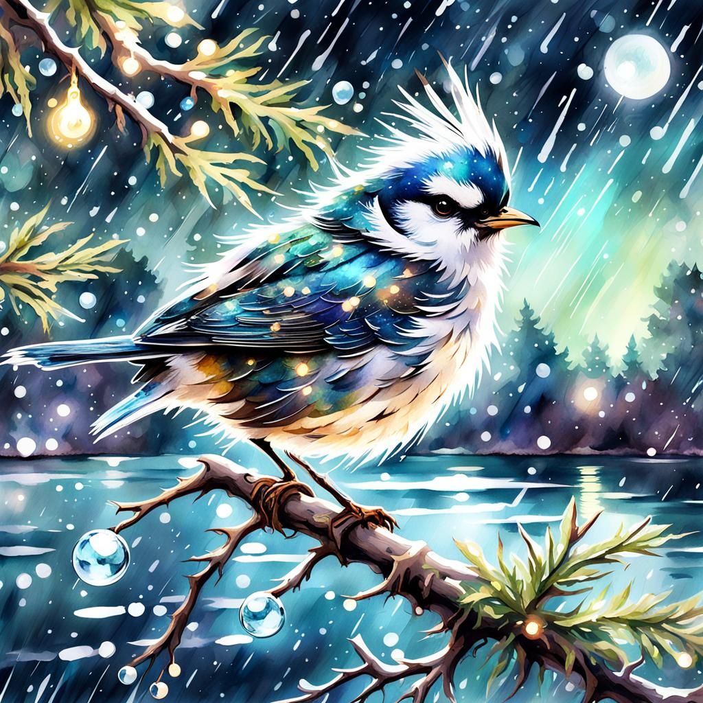 Fluffy Bird on Branch, Digital Watercolor Illustration