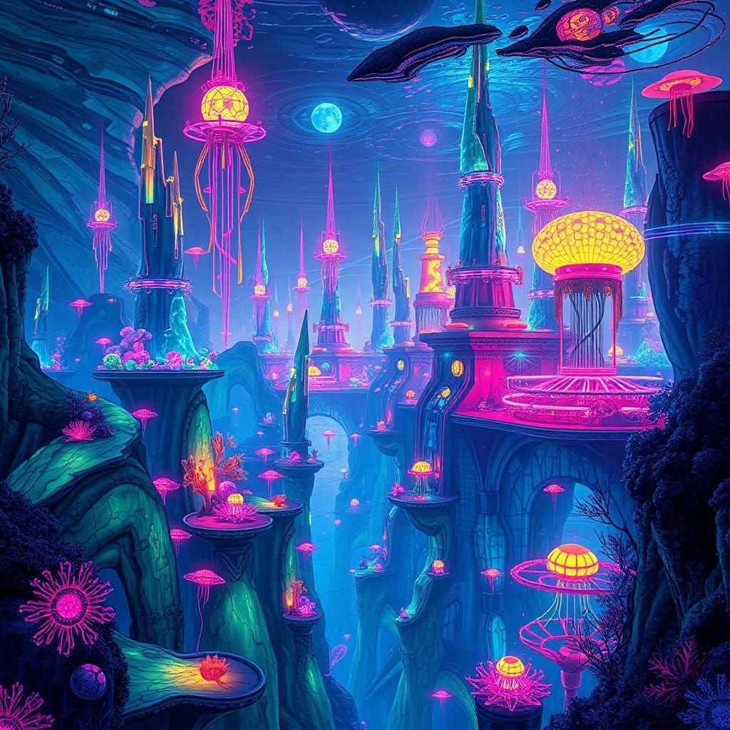 Luminous Metropolis Beneath Alien Ocean, in Digital Art Styl...