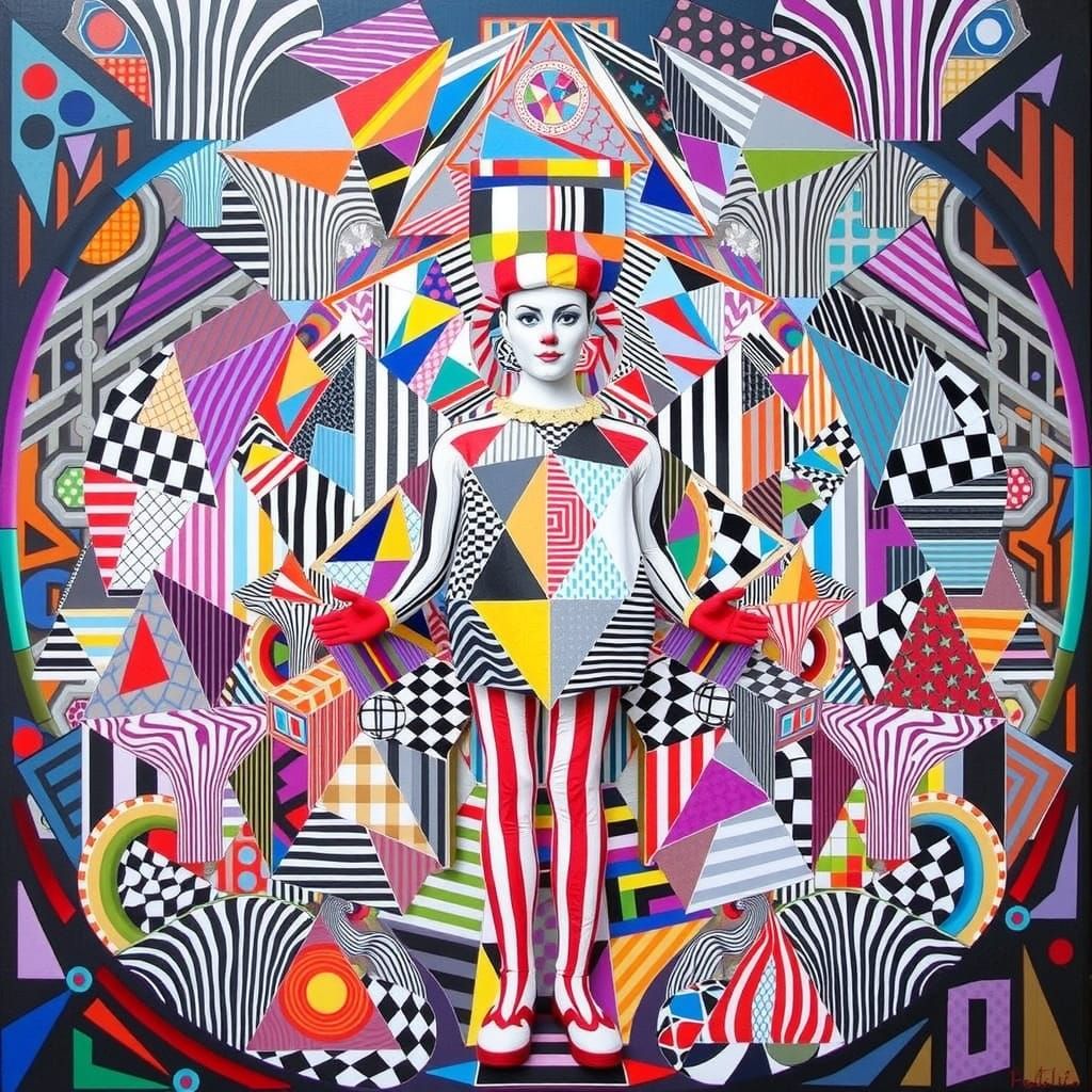Harlequin Figure in Hypnotic Geometric Maze