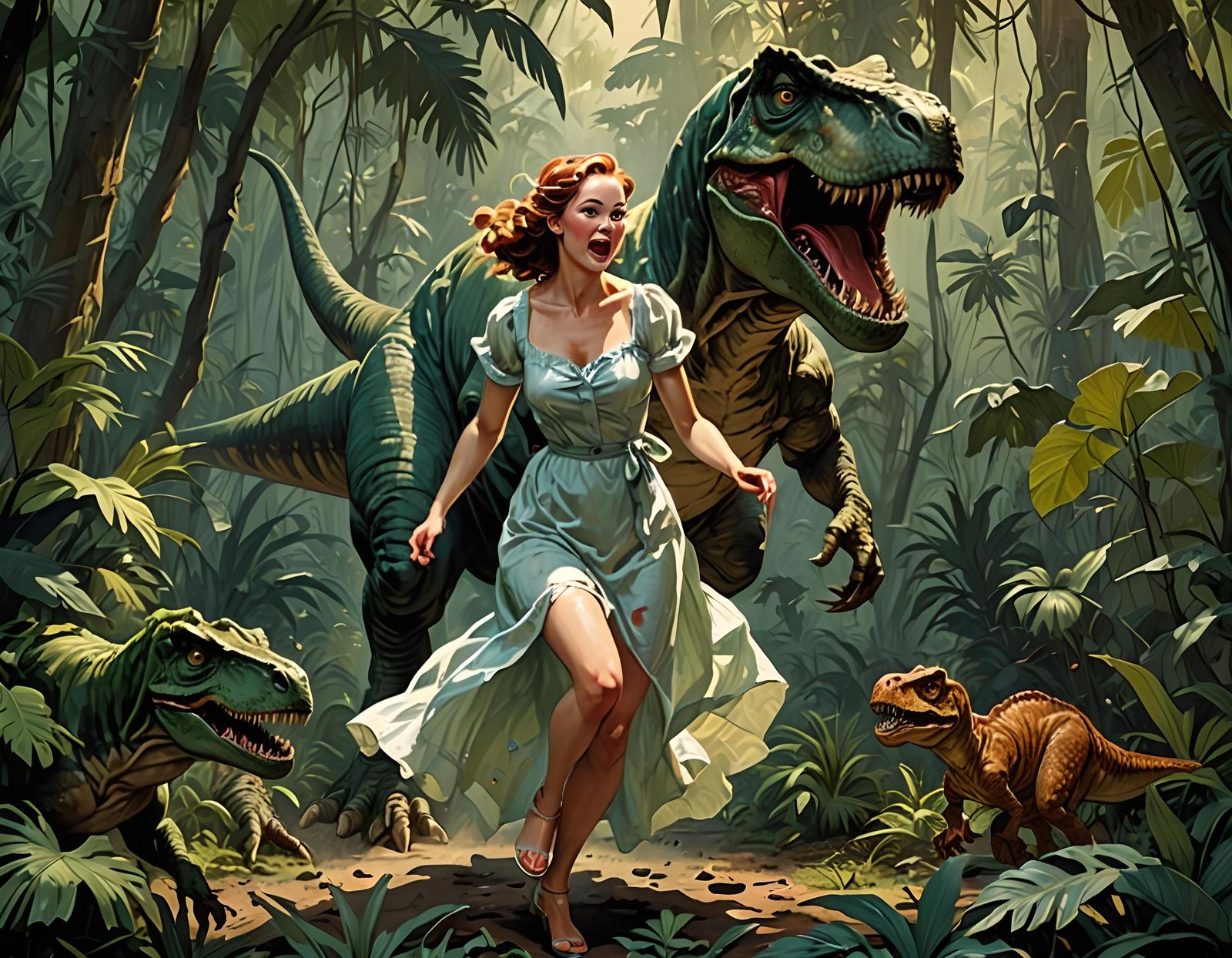 Damsel escaping T-Rex in Jungle, Vintage Pin-Up Style