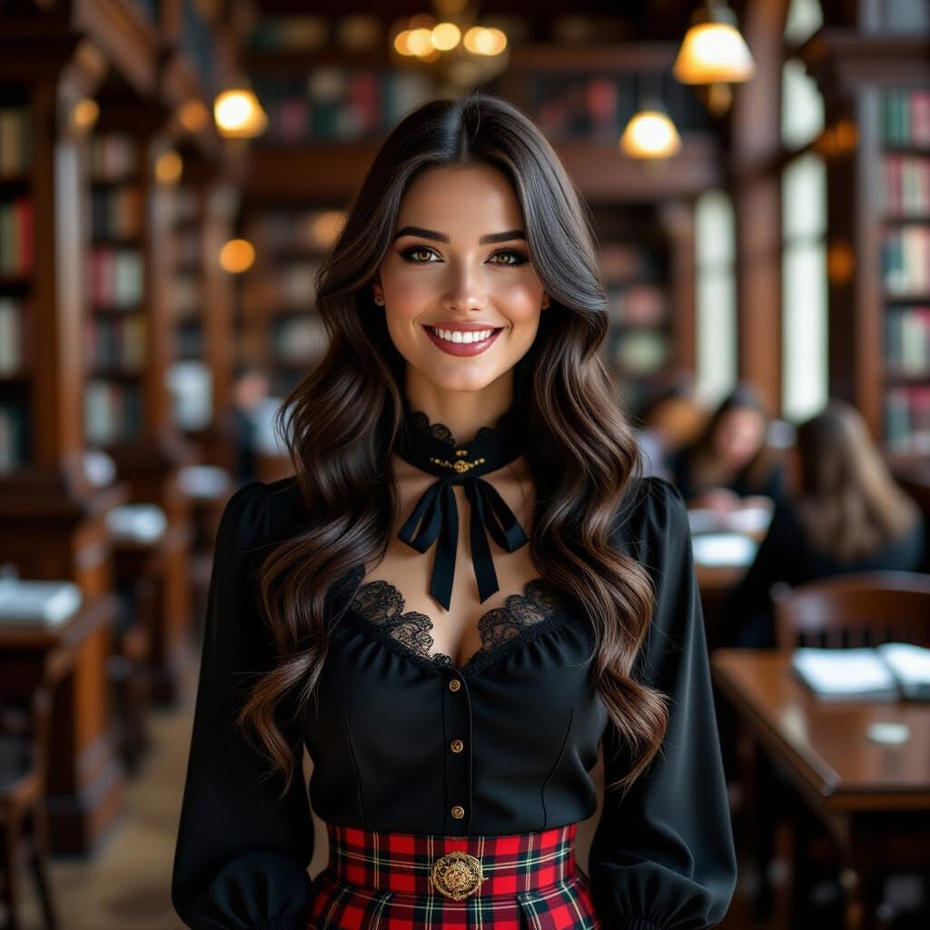 Gothic Woman Smiling in Library, Hyperrealistic