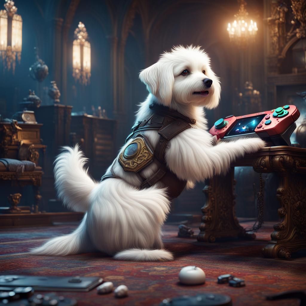 White Fluffy Dog Plays Video Games