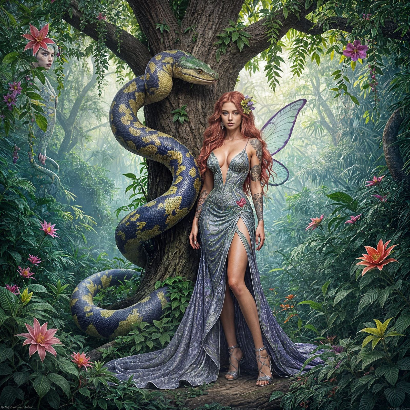Exotic Fairy in Vibrant Jungle Encounter with Python