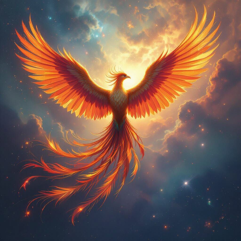 Majestic Fiery Phoenix Soaring Through Cosmic Nebula