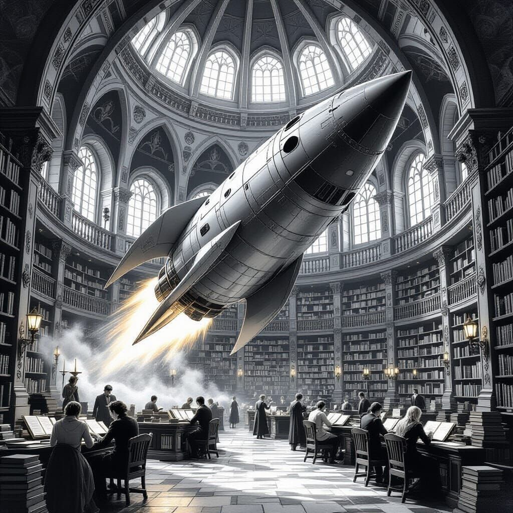 Colossal Rocket Ship Library in Charcoal Style