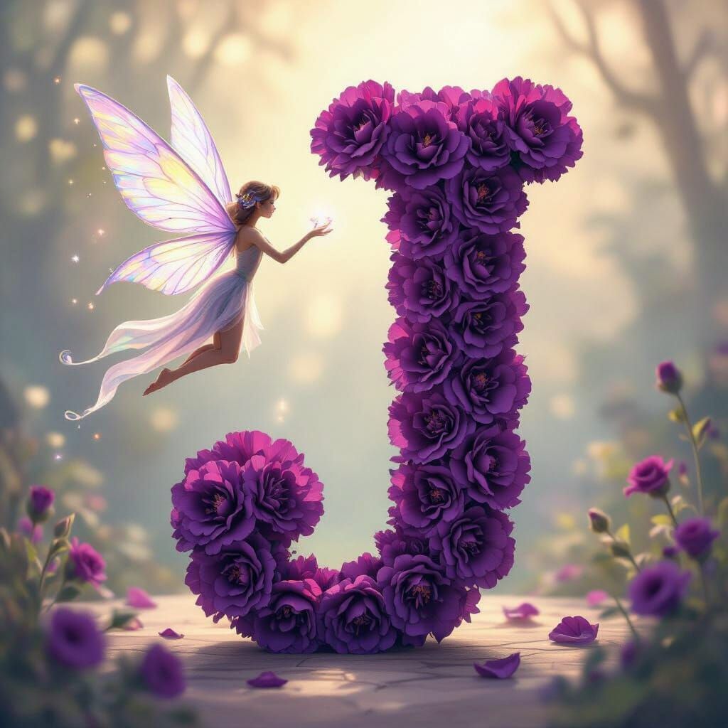Purple Carnation Letter J with Ethereal Fairy