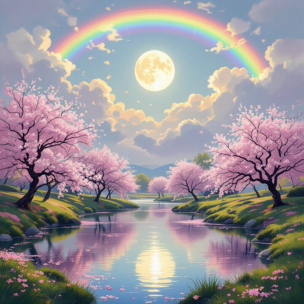 Magical Rainbow Sky with Moonlit Cherry Blossoms