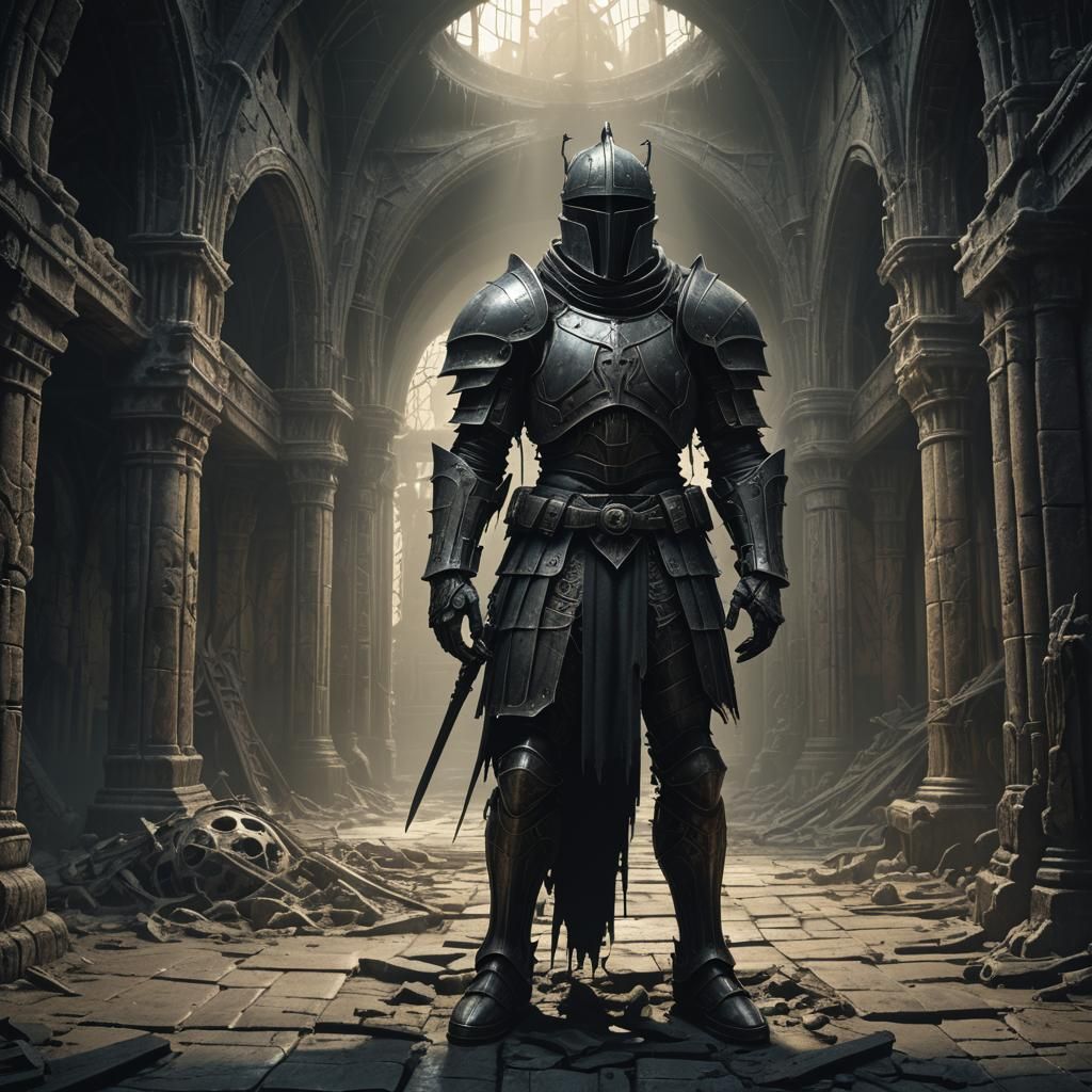 Dark Fantasy Knight in Ancient Hall