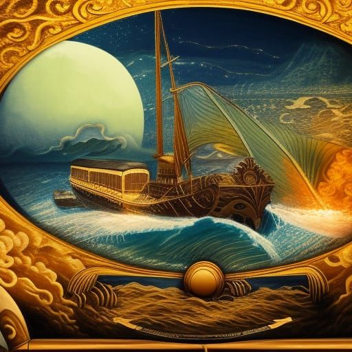 Gold Train on Sea with Swimmers in Renaissance Style