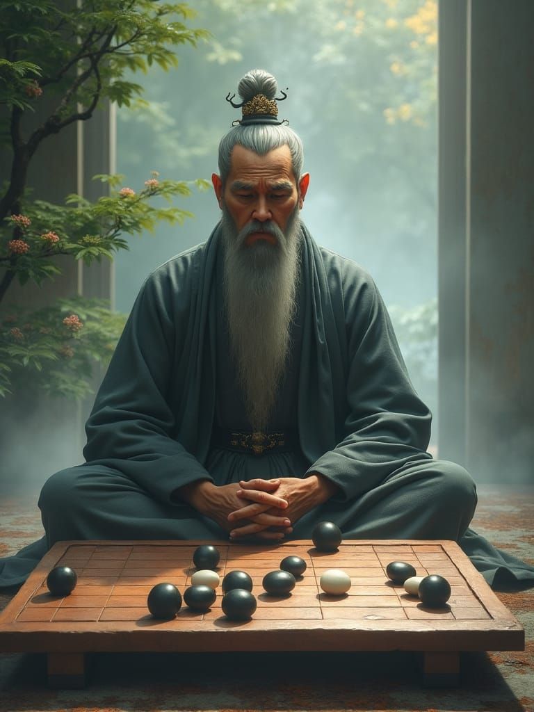 Contemplative Go Player Avatar in Chinese Ink Style