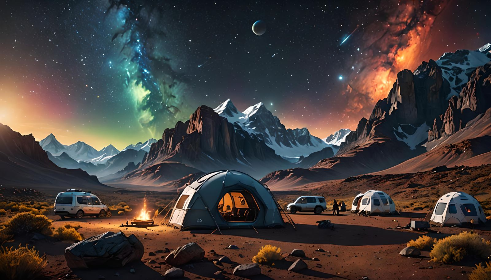 Cosmic Campsite Under Aurora Lights in Hyperrealism