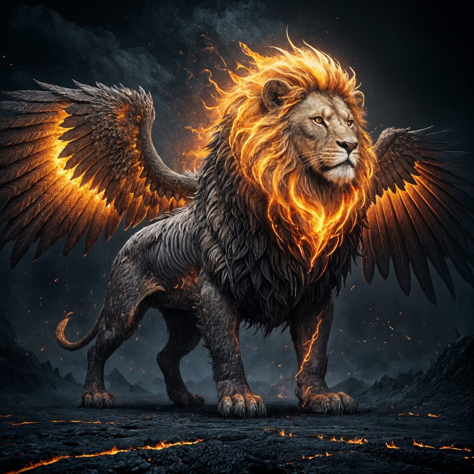 Fiery Hell Lion with Eagle Wings