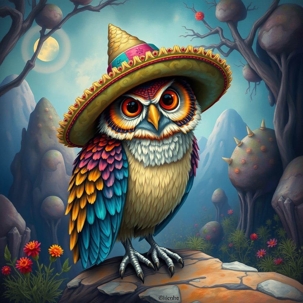 Whimsical Owl in Sombrero, High Fantasy Landscape