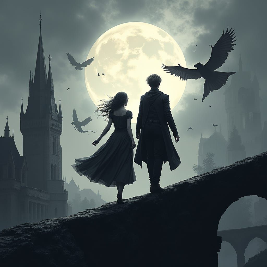 Dark Fantasy Illustration: Violet and Xaden in Gothic Scene