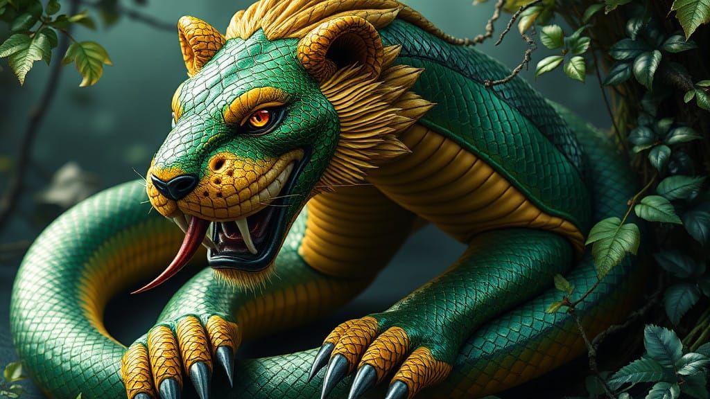 Regal Snake-Lion Hybrid with Emerald and Gold Scales in a Ju...