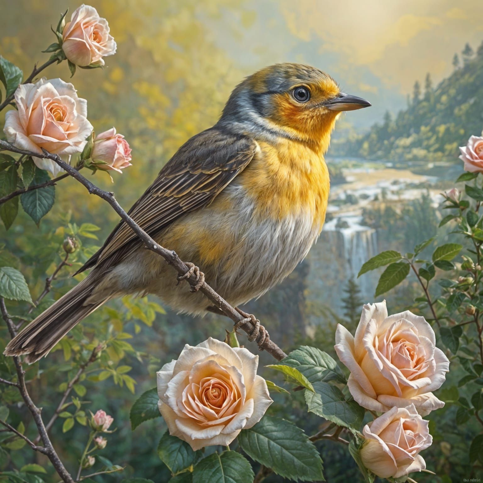 Whimsical Warbler in Vibrant Floral Scene