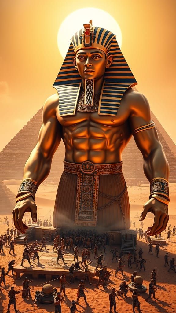 Colossal Egyptian Pharaoh Dominates Pyramid Construction